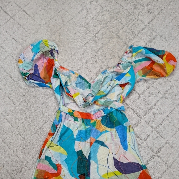 Ranna Gill Jumpsuit Womens S Blue Water Color Tie Back Cutout Linen Blend Boho - Picture 9 of 9